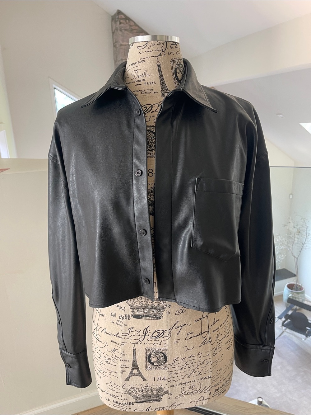 Zara Black Cropped Faux Leather Shirt Jacket